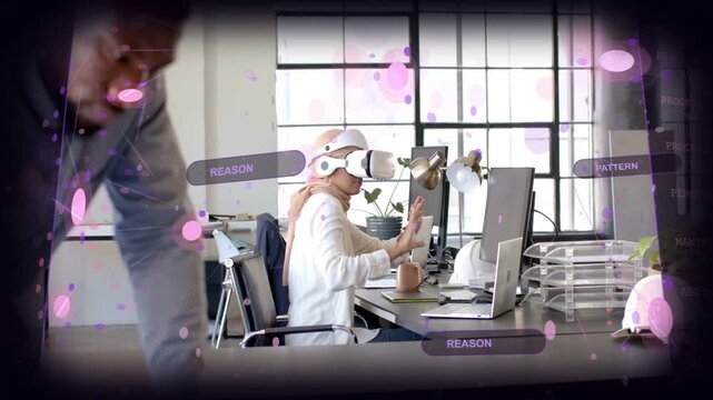 Woman wearing VR headset gesturing, activating purple UI labels while analyzing patterns in tech