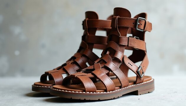 Brown leather gladiator sandals with buckles and straps. Stylish summer footwear for women. These edgy shoes are perfect for warm weather outfits.