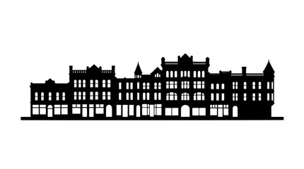 Obraz premium Vector silhouette of historic city street with tall buildings and storefronts, architectural landmark art