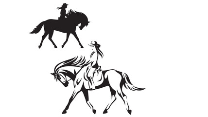 Cowboy riding horse vector silhouette with long mane and western hat, designed as bold black emblem art © Harry 