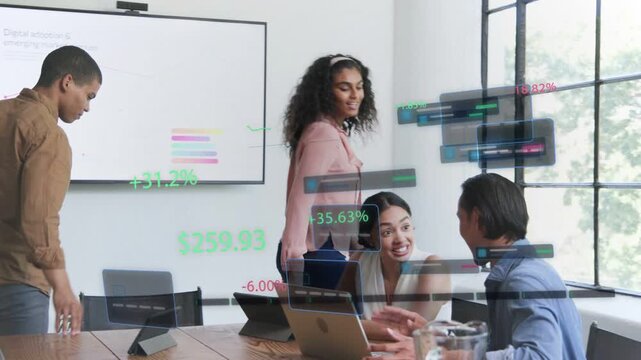 Left man pointing, woman sharing laptop, team clustering, reviewing biz holograms showing $259