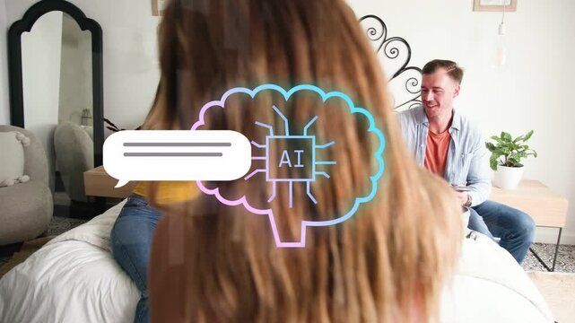 Woman lifting pink garment leading to AI brain icon and animated overlays guiding travel packing