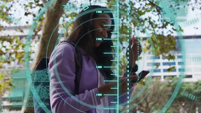 Student tapping smartphone under tree on campus, showing tech HUD and checking alerts, smiling