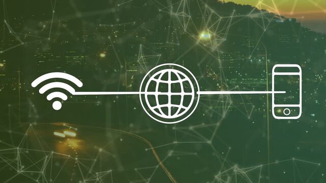 Vertical video: Showing white link shifting at start over dusk city, linking wifi globe smartphone
