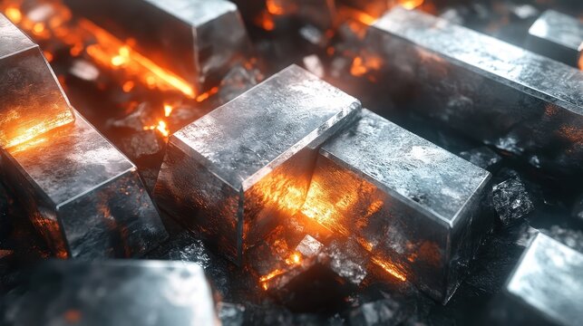 Gleaming Gold and Silver Ingots Heated in Fiery Embers, Representing Investment and Wealth