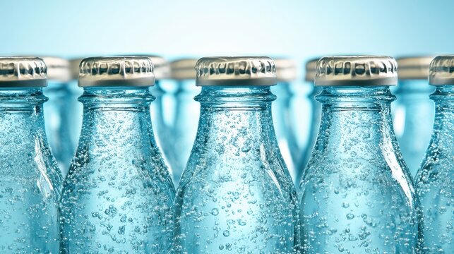 Close-up of multiple glass bottles filled with clear, bubbly sparkling water, suggesting refreshment and purity.