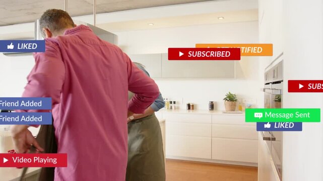 Senior woman entering from right causing popups layering while tying man's apron at kitchen cooking