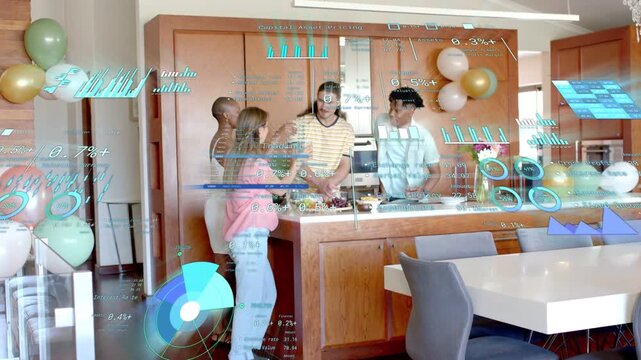 Pink woman approaching island, group sampling food and celebrating, HUD charts tracking tech stats