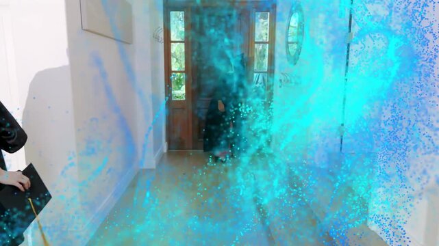 Lead graduate walking doorway sparking blue swirl peers following exiting hugging celebrating