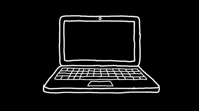 Hand drawn laptop line art drawing with transparent background 4k animated video, alpha transparent video