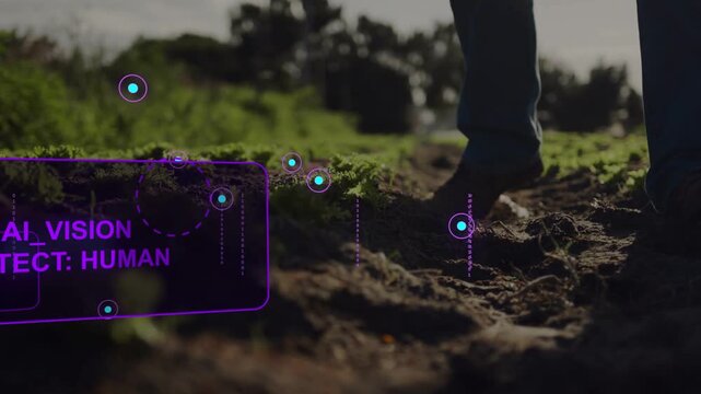 Senior man walking muddy trail, boots stepping and activating holographic security scan over ground