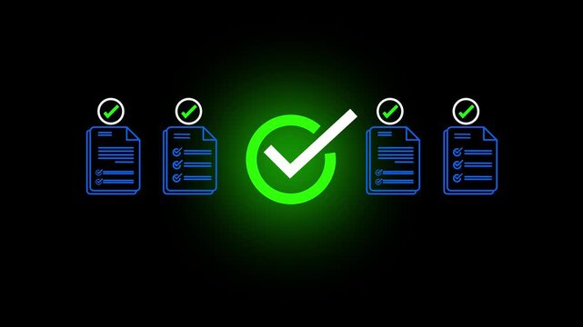 Digital Glowing checklist and approval workflow showing business document validation and task tracking system for decision making, process optimization, and quality verification with high efficiency