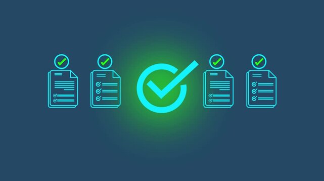 Digital Glowing checklist and approval workflow showing business document validation and task tracking system for decision making, process optimization, and quality verification with high efficiency