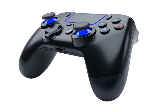 Black gaming controller with blue accents isolated on transparent background for playstation console