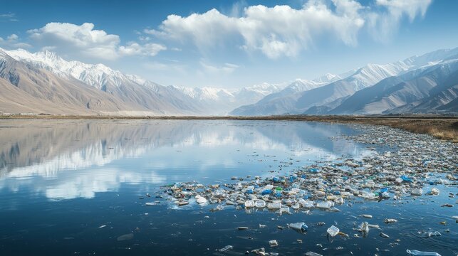 Floating plastic debris gathers on the surface of a polluted mountain lake, reflecting the sky and surrounding peaks