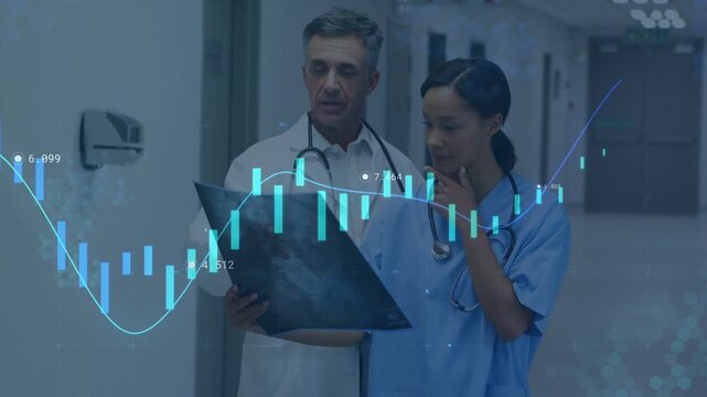 Medical nurse pointing at X-ray and leading doc tilting film examining findings while chart flowing