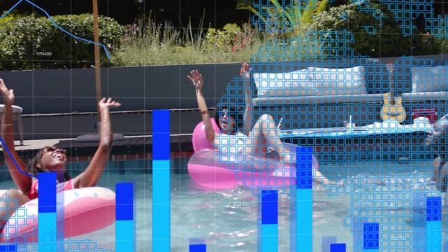 Woman lifting ball starting pass, friends playing in pool for fun while blue graphs overlaying ads