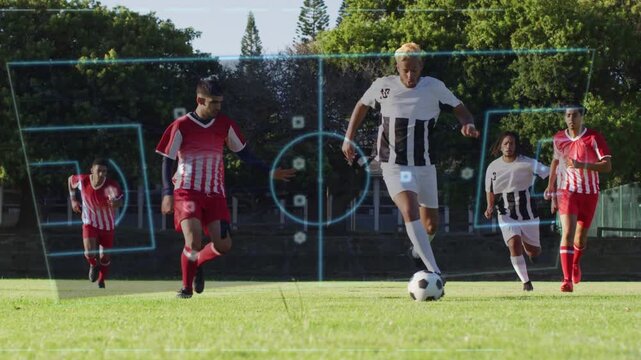 #10 dribbling ball while defender racing into sliding tackle, evading and keeping ball, sports HUD