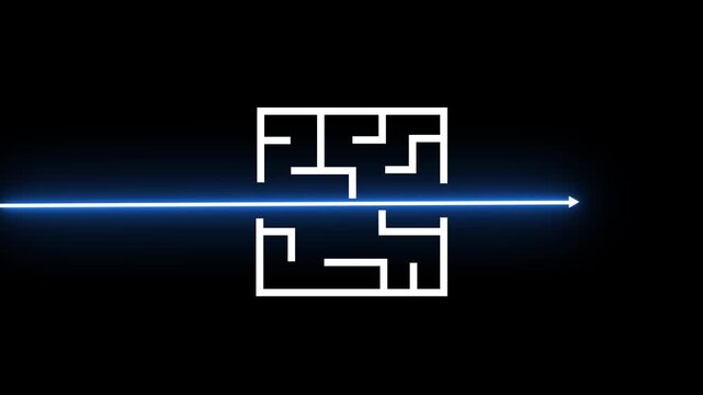 Glowing neon arrow looping breaking through the maze on blue background.4k video