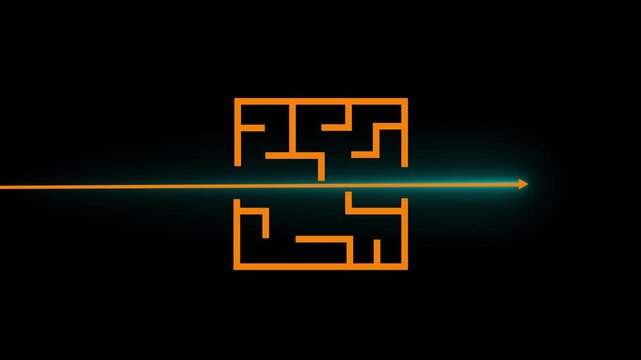 Glowing neon arrow looping breaking through the maze on blue background.4k video