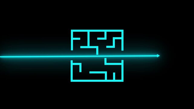 Glowing neon arrow looping breaking through the maze on blue background.4k video