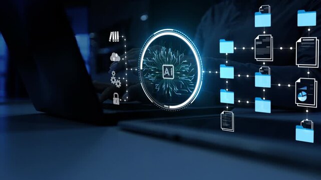 ai futuristic holographic interface of a file manager, folder structure with documents and data scanning, digital document storage software, cloud database, search and manage documents, paperless