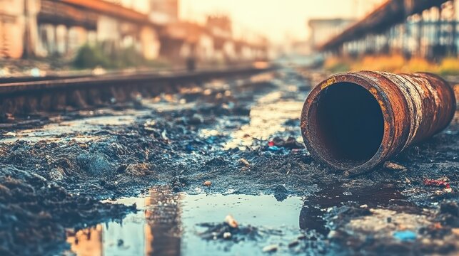 Rusty industrial pipe lies in toxic, polluted ground with detailed textures in a neglected urban environment