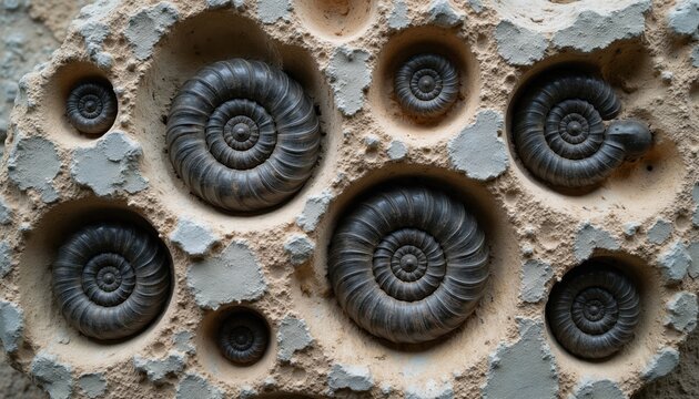 Many ancient ammonite fossils embedded in light colored stone. Spiral shells visible with detailed textures. These prehistoric marine creatures form natural patterns on rock.