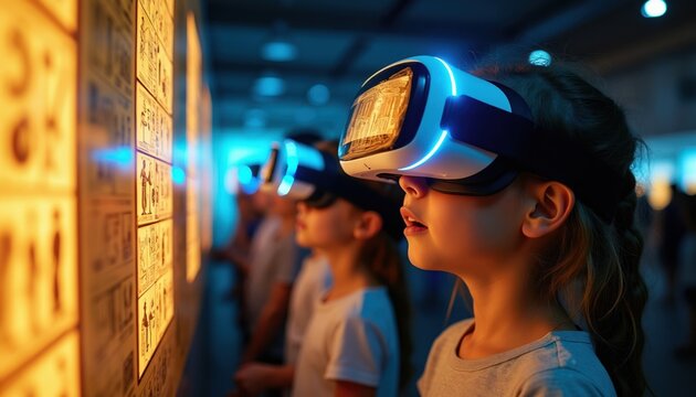Children wear VR headsets to view ancient Egyptian hieroglyphics on a museum wall. Kids explore history using virtual reality tech and interactive displays. Future learning experience fun.