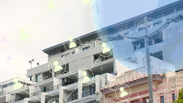 On frame start building still while icons popping, lines joining, globe growing to show network