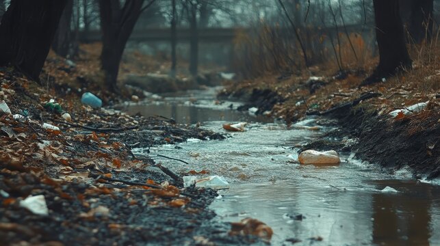 Polluted urban creek with untreated waste flowing through overgrown banks under overcast lighting