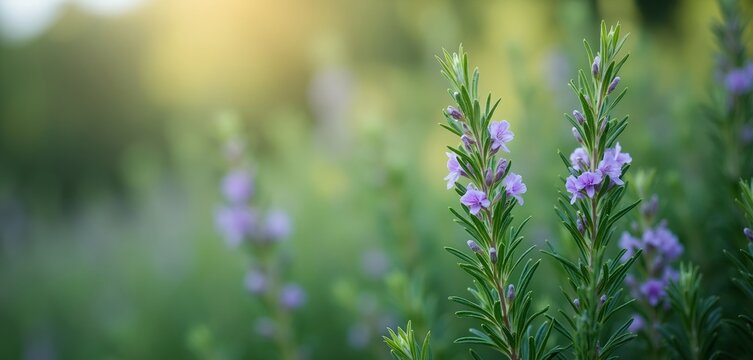 Close up of wild rosemary plant with small purple flowers and green needle like leaves. Soft sunlit background of blurred green plants suggests a peaceful garden or field setting.