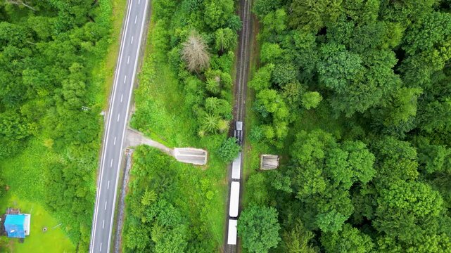 Aerial drone view of historic steam train driving through green fields and forests. Retro steam locomotive puffing smoke in summer nature, Central Europe, 4K, ProRes, 50fps.