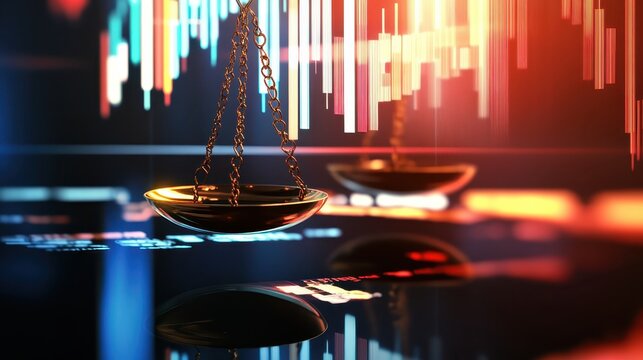 Symbolic scales of justice weighing financial charts and economic data, representing monetary policy and legal analysis.