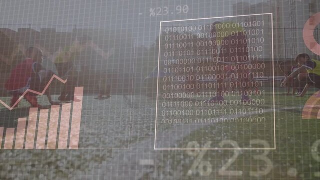 Coach gesturing while team doing training drills on turf, HUD data showing rising charts over them
