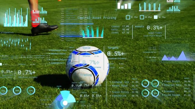 Player running up and kicking soccer ball on grass pitch, HUD charts updating performance analytics