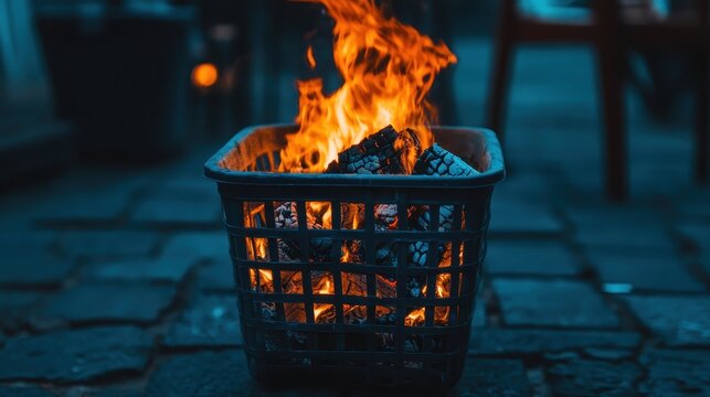 Vibrant flames dance within a square metal fire basket emitting warm light in an outdoor public space at night.
