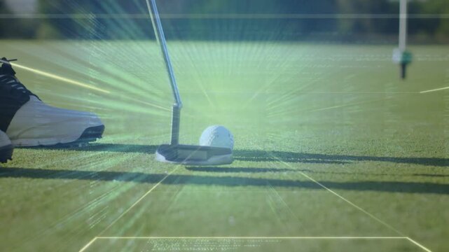 Golfer settling stance, stroking putter, sending golf ball toward flagstick, overlays guiding hole