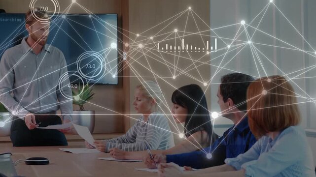 Lead starting business briefing placing papers while animated nodes and charts informing decisions