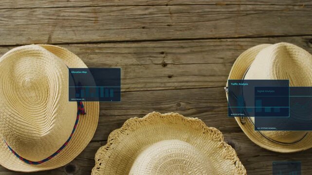 Scene starting HUD panels sliding, stacking over three straw hats on wood plank forming dashboard