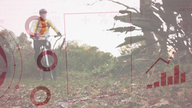 Cyclist pedaling toward lens on leaf trail, approach causing globe charts overlaying ride analytics