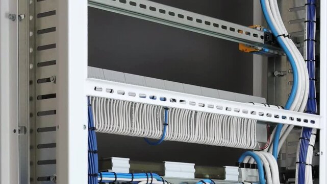The reverse side of the electrical switchboard. The connected wires are tied with plastic ties.