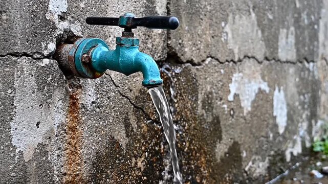 Water flows from a blue faucet on a cracked concrete wall outdoors.