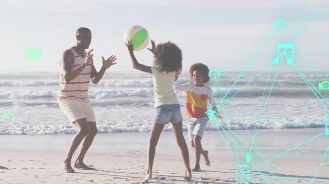 Man playing catch with kids on shore, girl tossing beach ball for bonding, teal tech overlaying