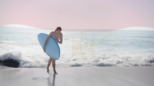 Wave rolling causing surfer walking ashore carrying board for health with tide animation at feet