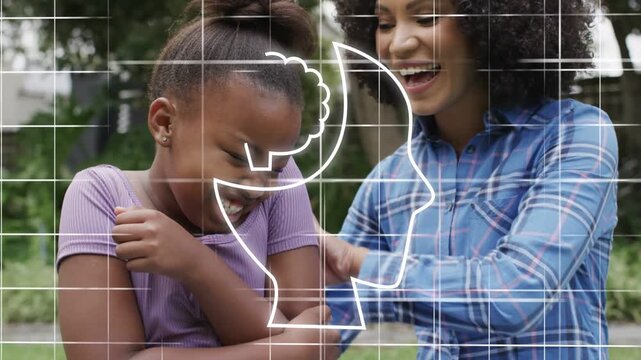 Woman approaching and tickling child in yard, grid forming AI tech overlay over duo soothing child