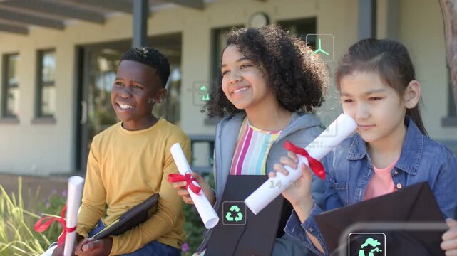 Three grads on bench after graduation, right raising diploma causing AR icons aligning to diplomas