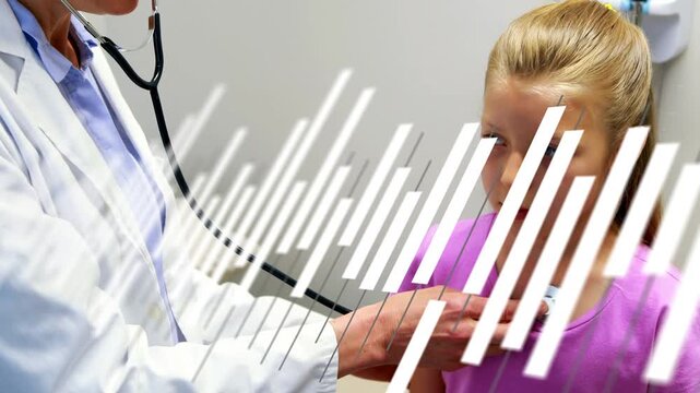 Clinician placing stethoscope and checking chest on child for medical exam while white-bar sweeping
