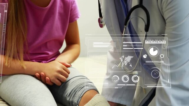 Doctor applying bandage, treating leg injury after child pointing in clinic, HUD overlays appearing