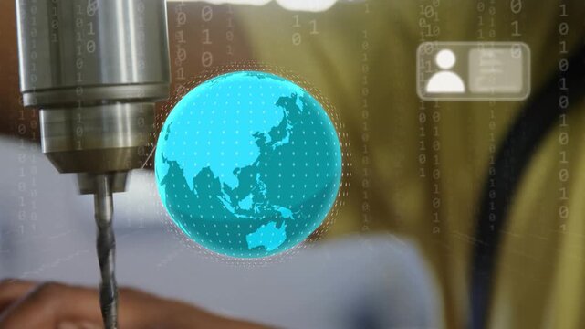 Tech steadying plank guiding drill, bit contacting wood, globe UI overlaying view while inspecting